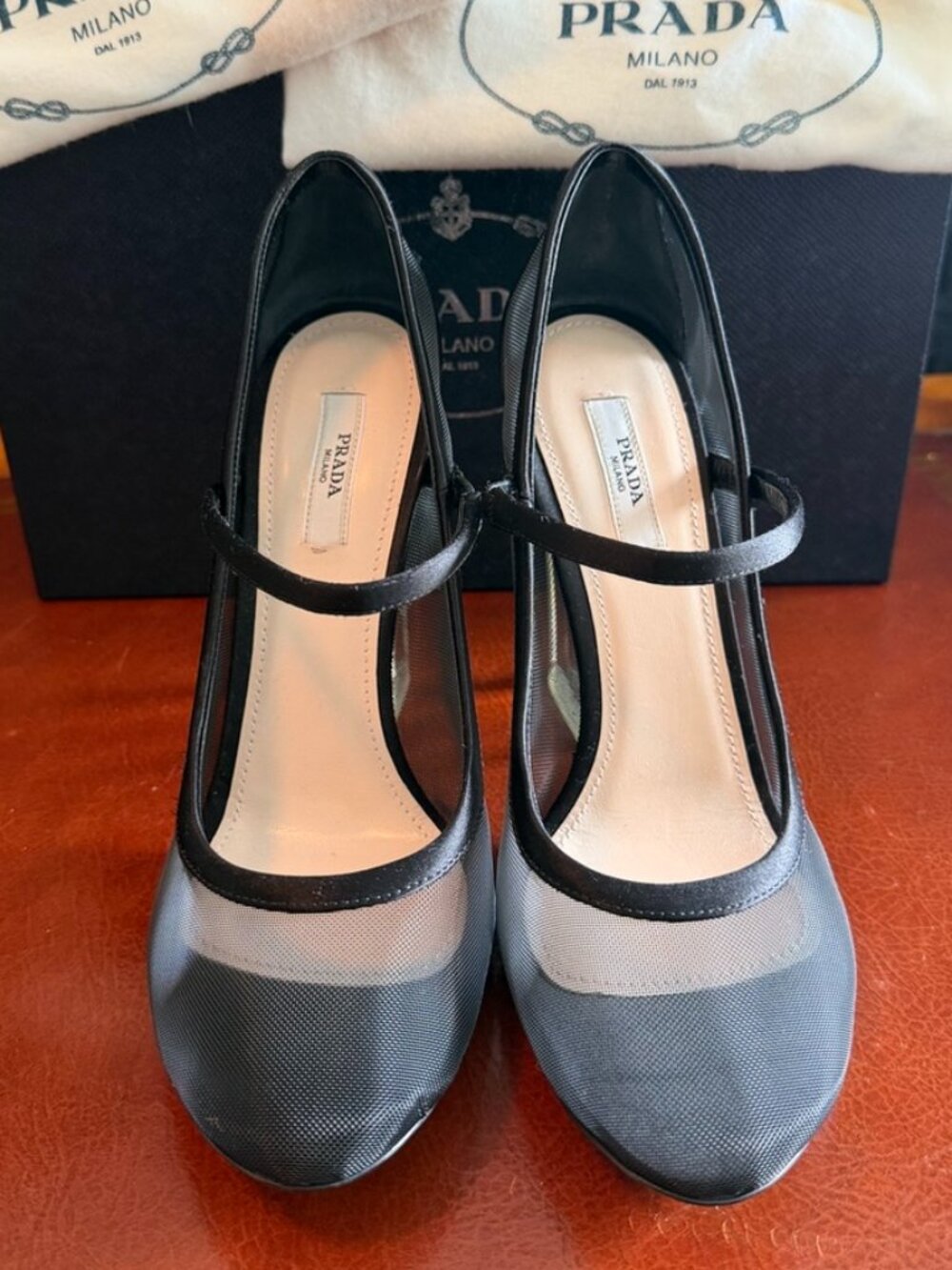 Prada Black mesh with 4 1/2" clear lucite heel, size 38.5